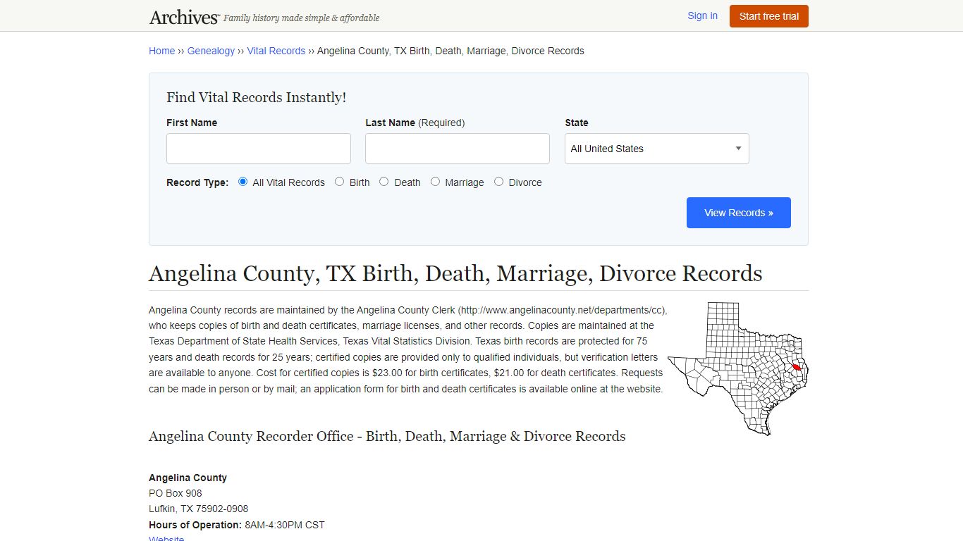 Angelina County, TX Birth, Death, Marriage, Divorce Records - Archives.com