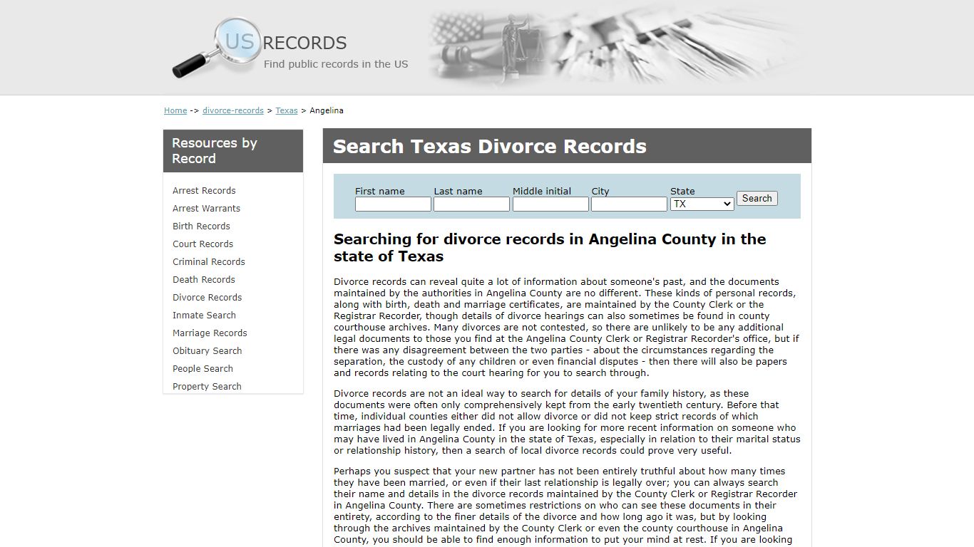Search Divorce Records Angelina Texas | US Records